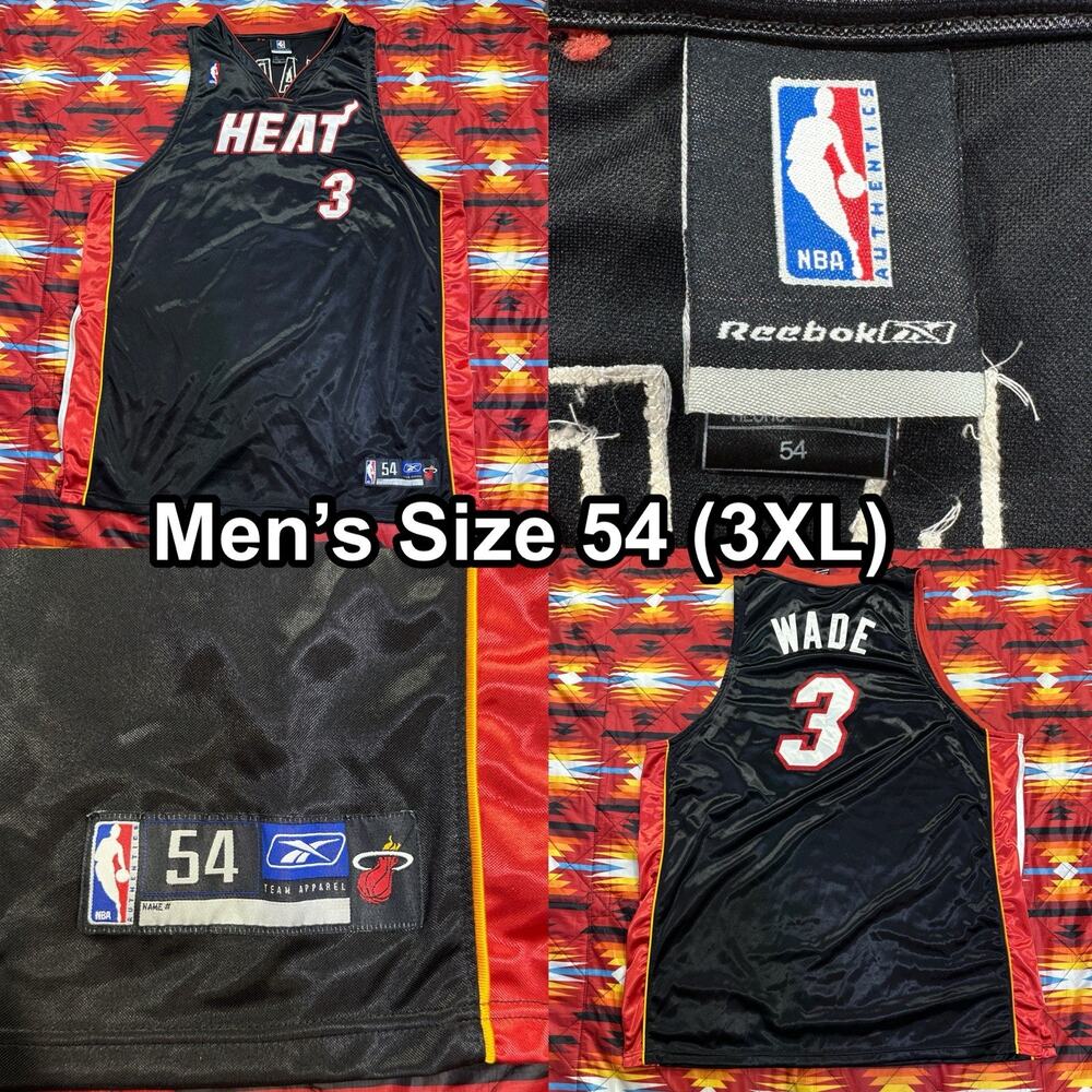 VTG Reebok Miami Heat Dwyane Wade Jersey Men’s Sz 54 3XL Black Red Basketball